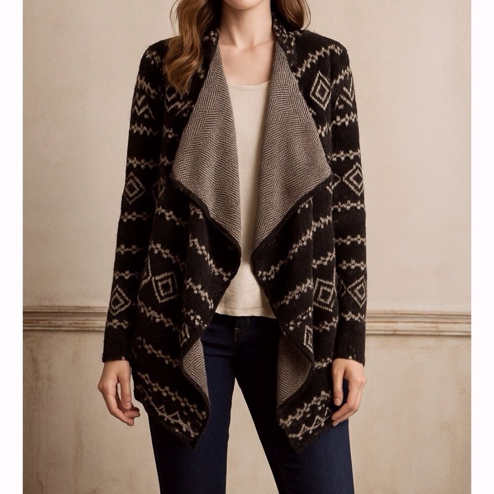Garnet Hill Alpaca Wool Black Aztec Geometric Waterfall Cardigan Women’s XL